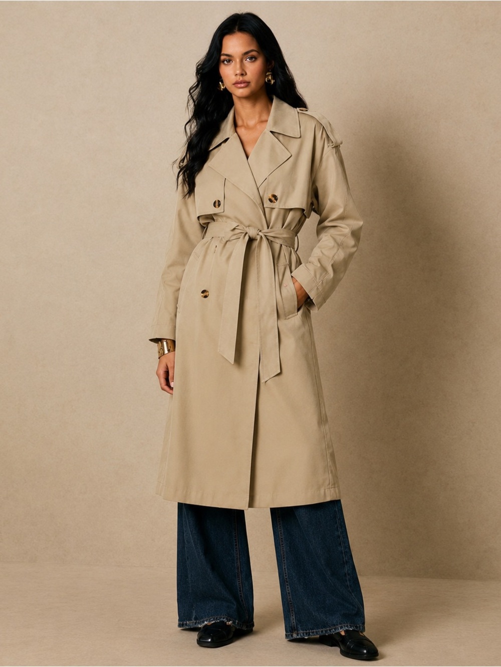 PrettyLittleThing Khaki Belted Double-Breasted Trench Coat Size 6 NWT